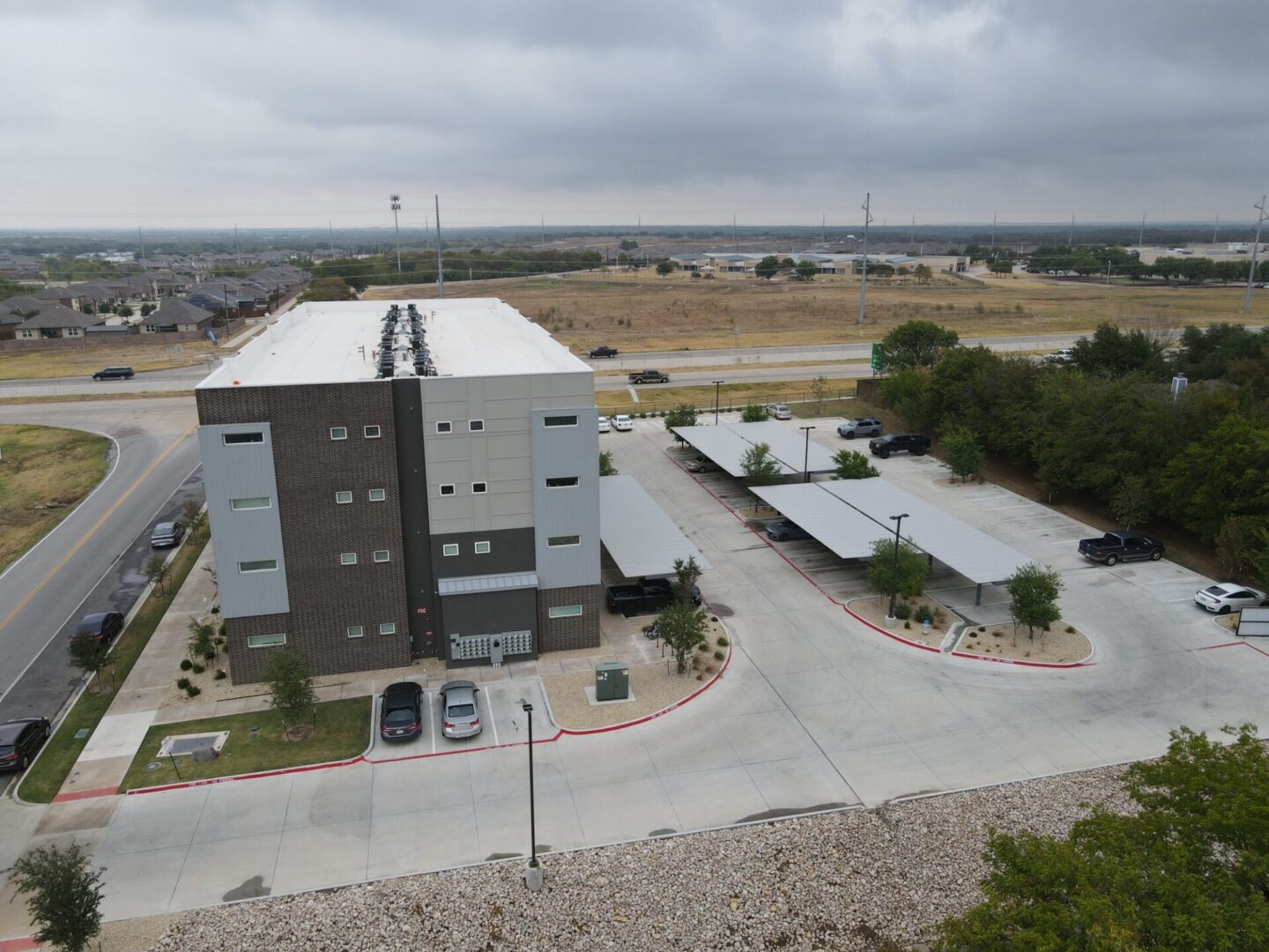 A view of an industrial building from above.